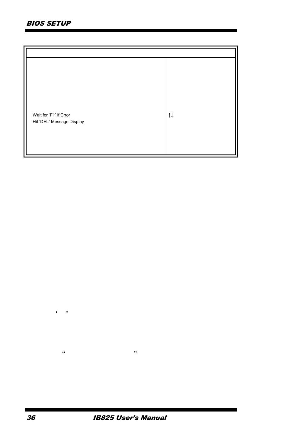 Quick boot, Quite boot, Addon rom display mode | Bootup num-lock, Ps/2 mouse support, Wait for ‘f1’ if error, Hit <del> message display, Interrupt 19 capture, Bios setup 36, Ib825 user’s manual | IBASE IB825 User Manual | Page 40 / 68