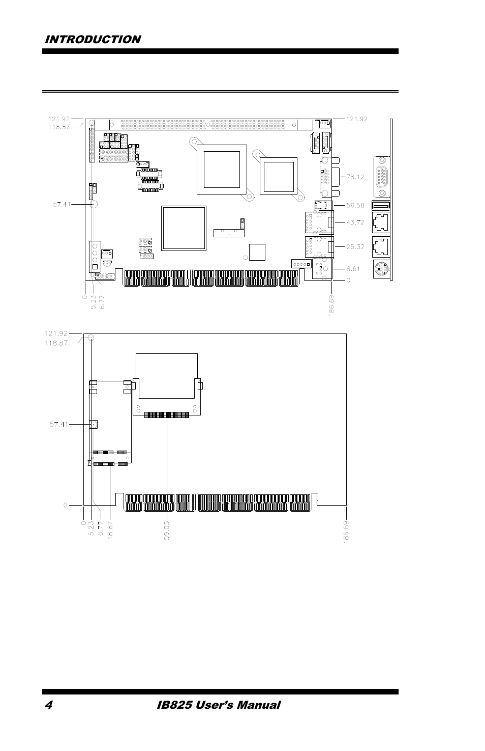 Board dimensions, Introduction 4, Ib825 user’s manual | IBASE IB825 User Manual | Page 8 / 68