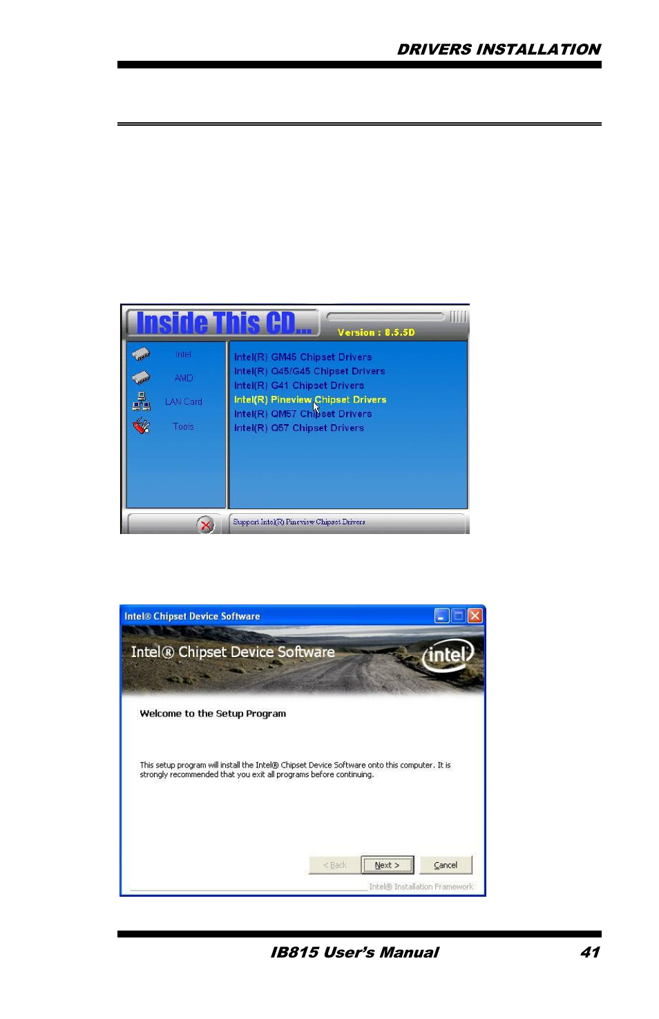 Intel chipset software installation utility | IBASE IB815 User Manual | Page 45 / 63