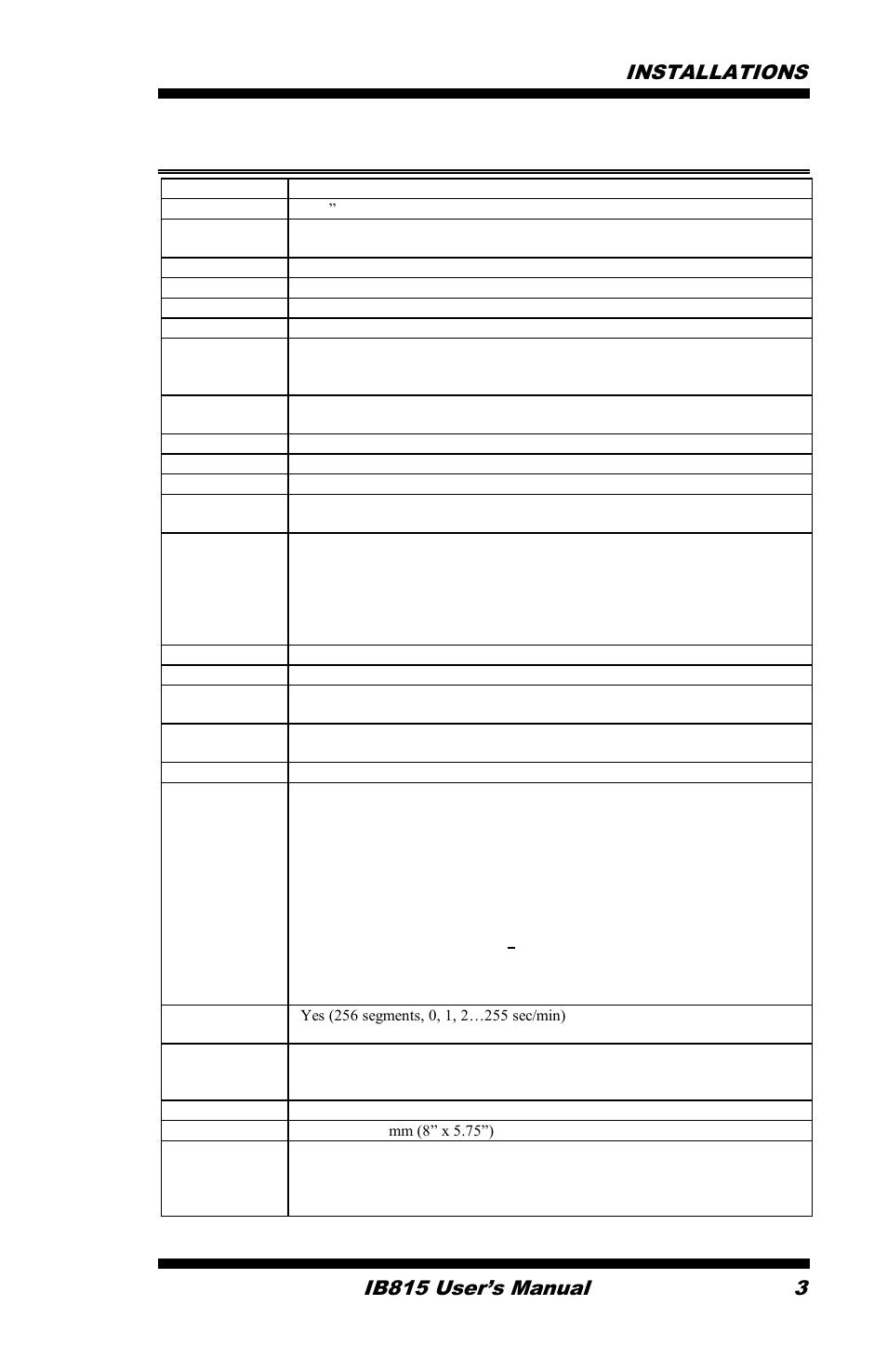 Ib815 specifications, Installations, Ib815 user’s manual 3 | IBASE IB815 User Manual | Page 7 / 63