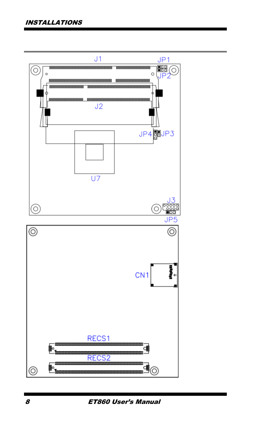 Jumper & connector locations on et860 | IBASE ET860 User Manual | Page 14 / 47