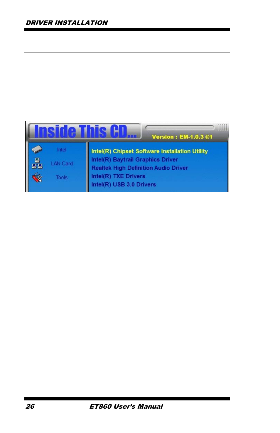 Intel chipset software installation utility, Driver installation 26, Et860 user’s manual | IBASE ET860 User Manual | Page 32 / 47