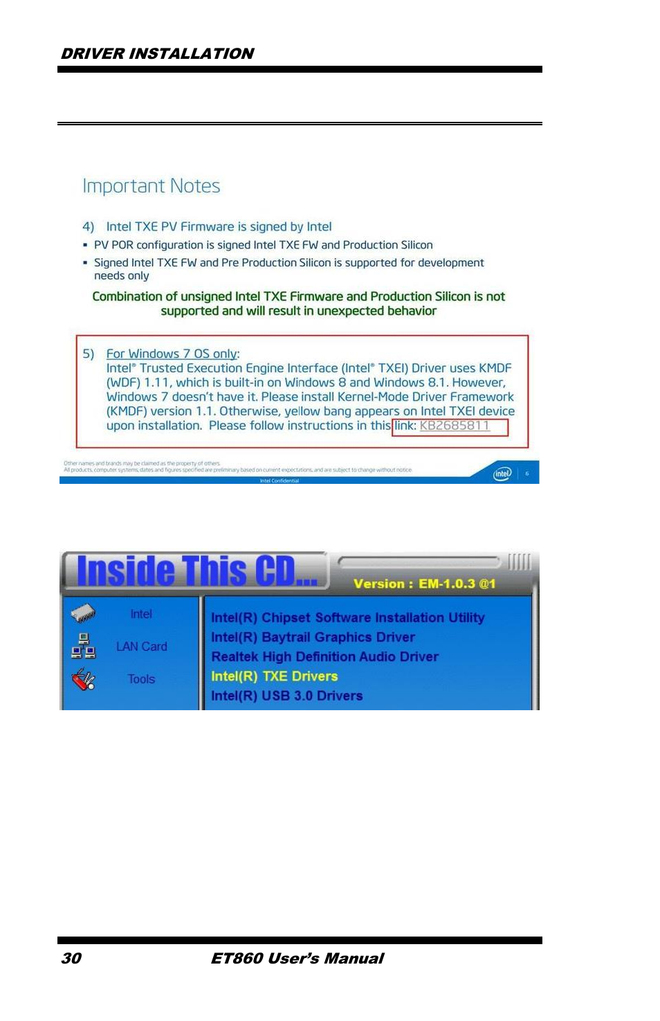 Intel trusted execution engine installation, Driver installation 30, Et860 user’s manual | IBASE ET860 User Manual | Page 36 / 47