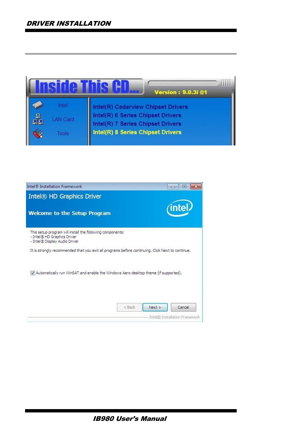 Vga drivers installation, Click intel(r) core(tm) i3/i5/i7 graphics driver | IBASE IB980 User Manual | Page 62 / 80