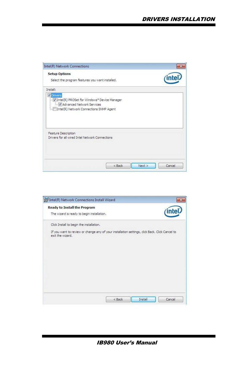 Click next to to agree with the license agreement, Drivers installation ib980 user’s manual | IBASE IB980 User Manual | Page 69 / 80