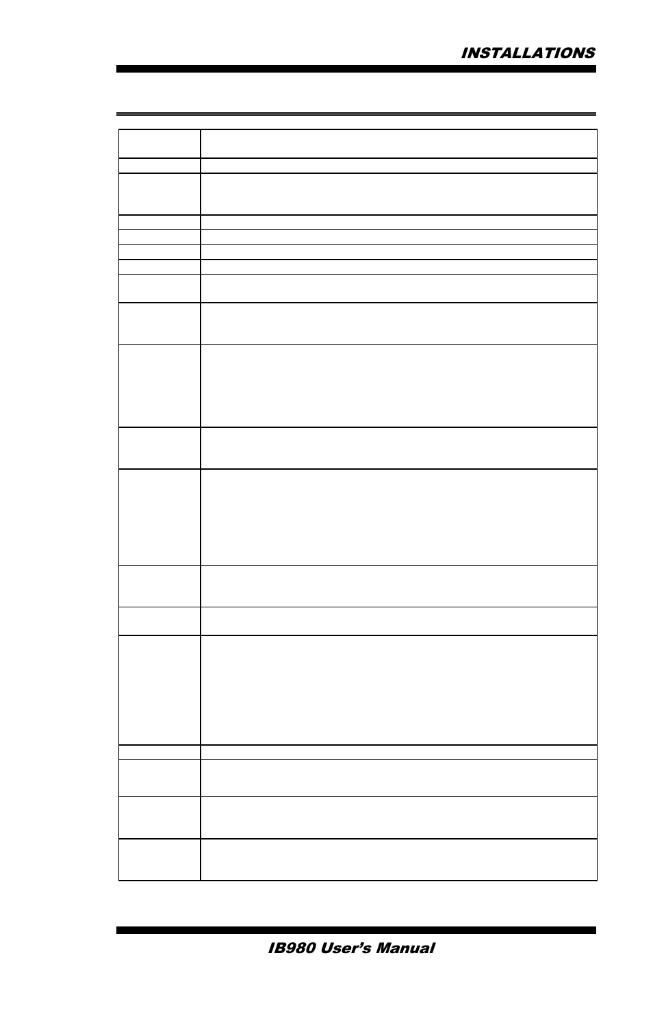 Ib980 specifications, Installations, Ib980 user’s manual | IBASE IB980 User Manual | Page 7 / 80