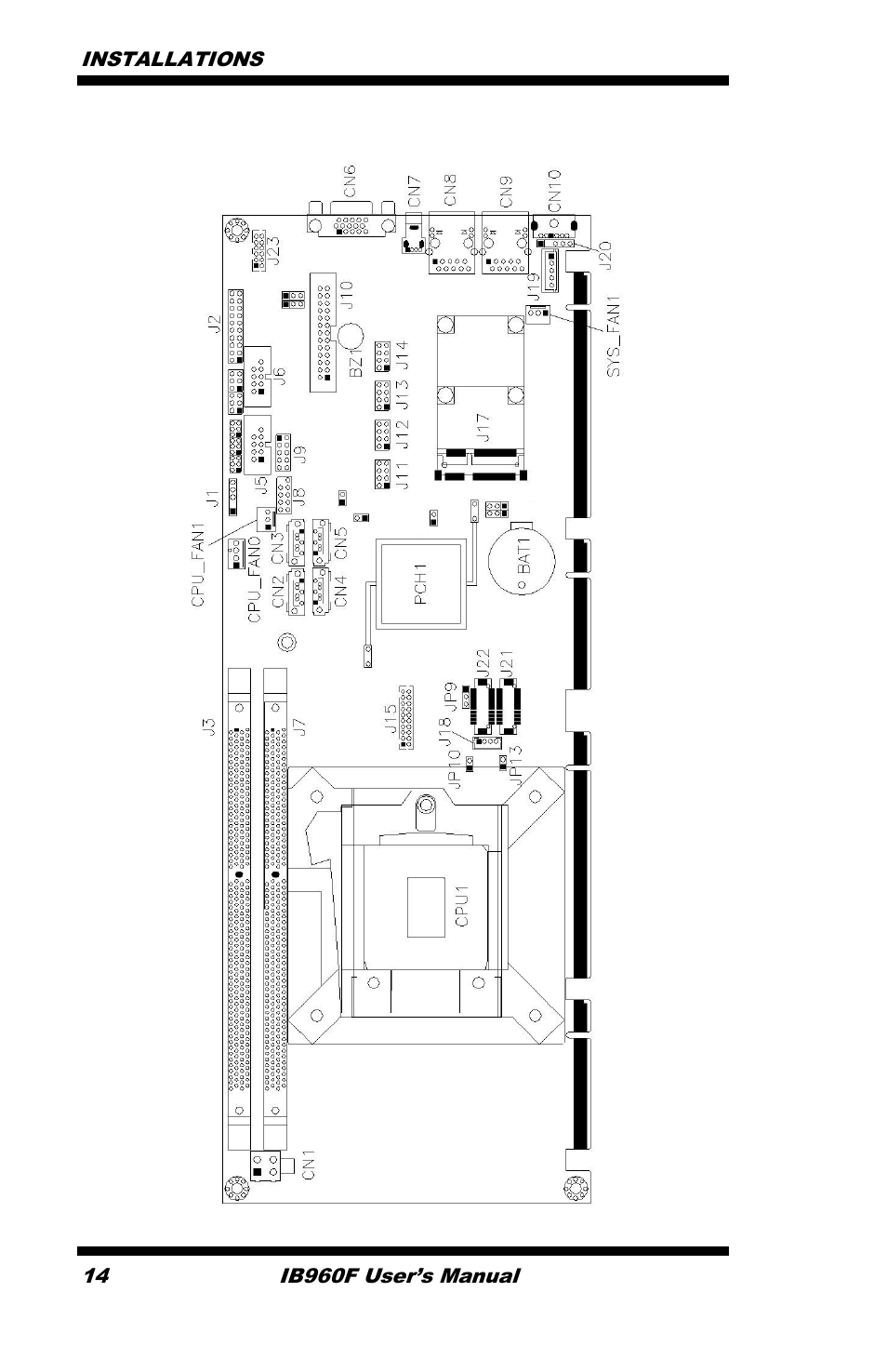 Connector locations on ib960f, Installations, Ib960f user’s manual | IBASE IB960 User Manual | Page 18 / 64