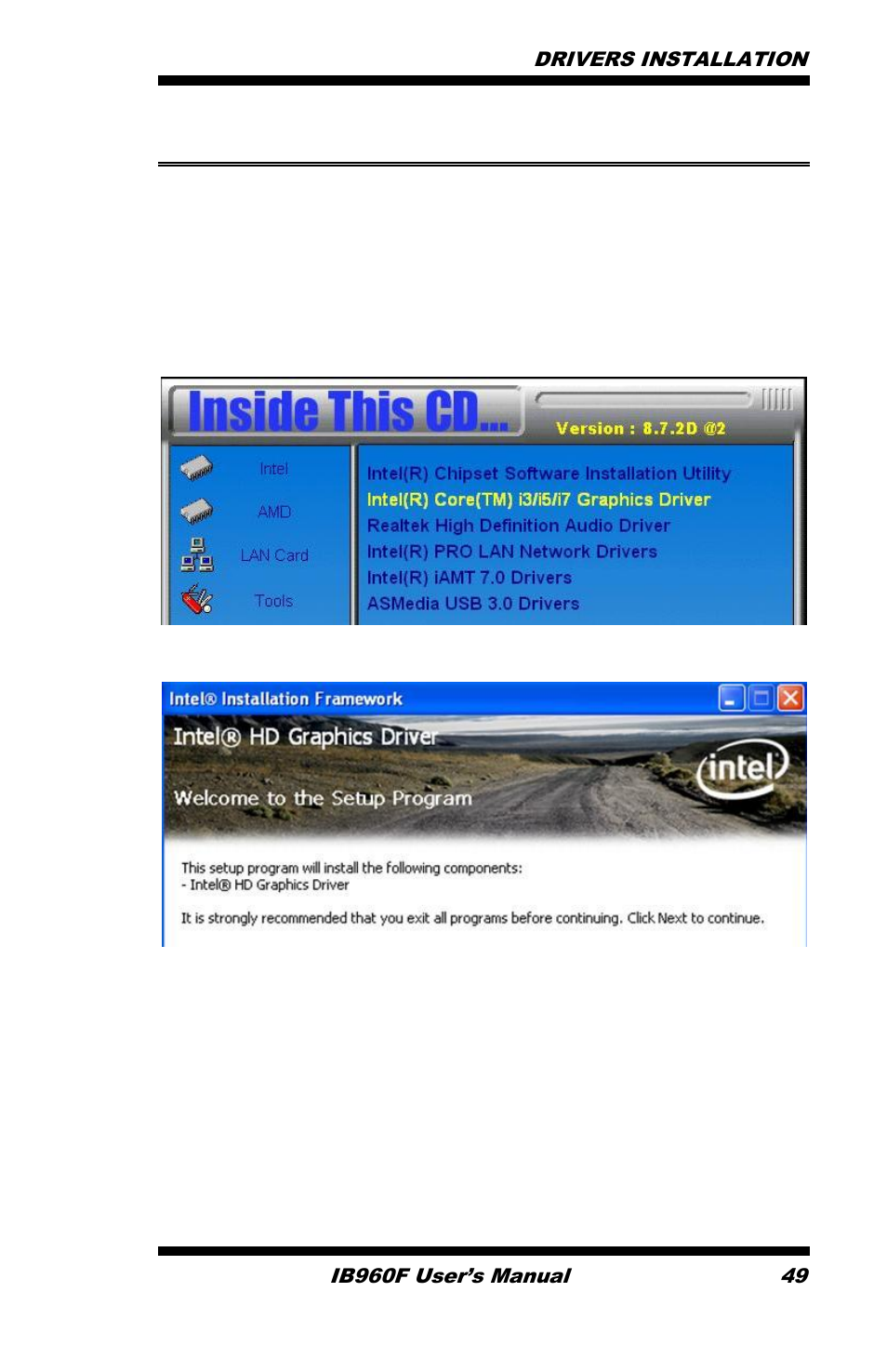 Vga drivers installation, Click intel(r) q67 chipset family graphics driver, On setup progress screen, click next to continue | IBASE IB960 User Manual | Page 53 / 64