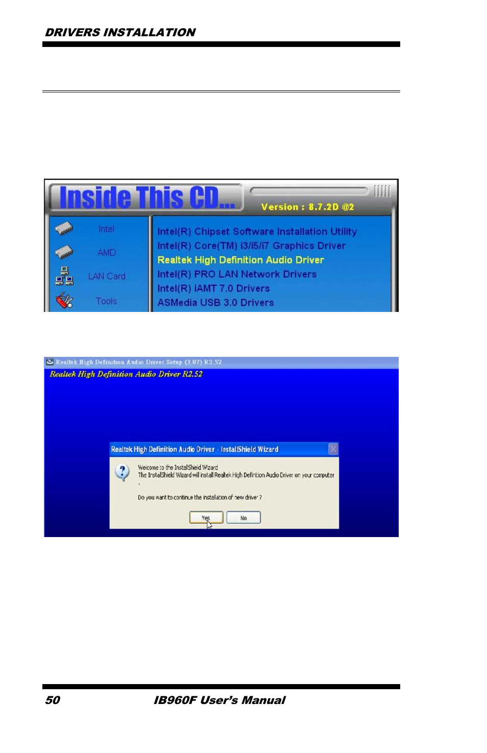 Realtek hd audio driver installation, Click realtek high definition audio driver | IBASE IB960 User Manual | Page 54 / 64