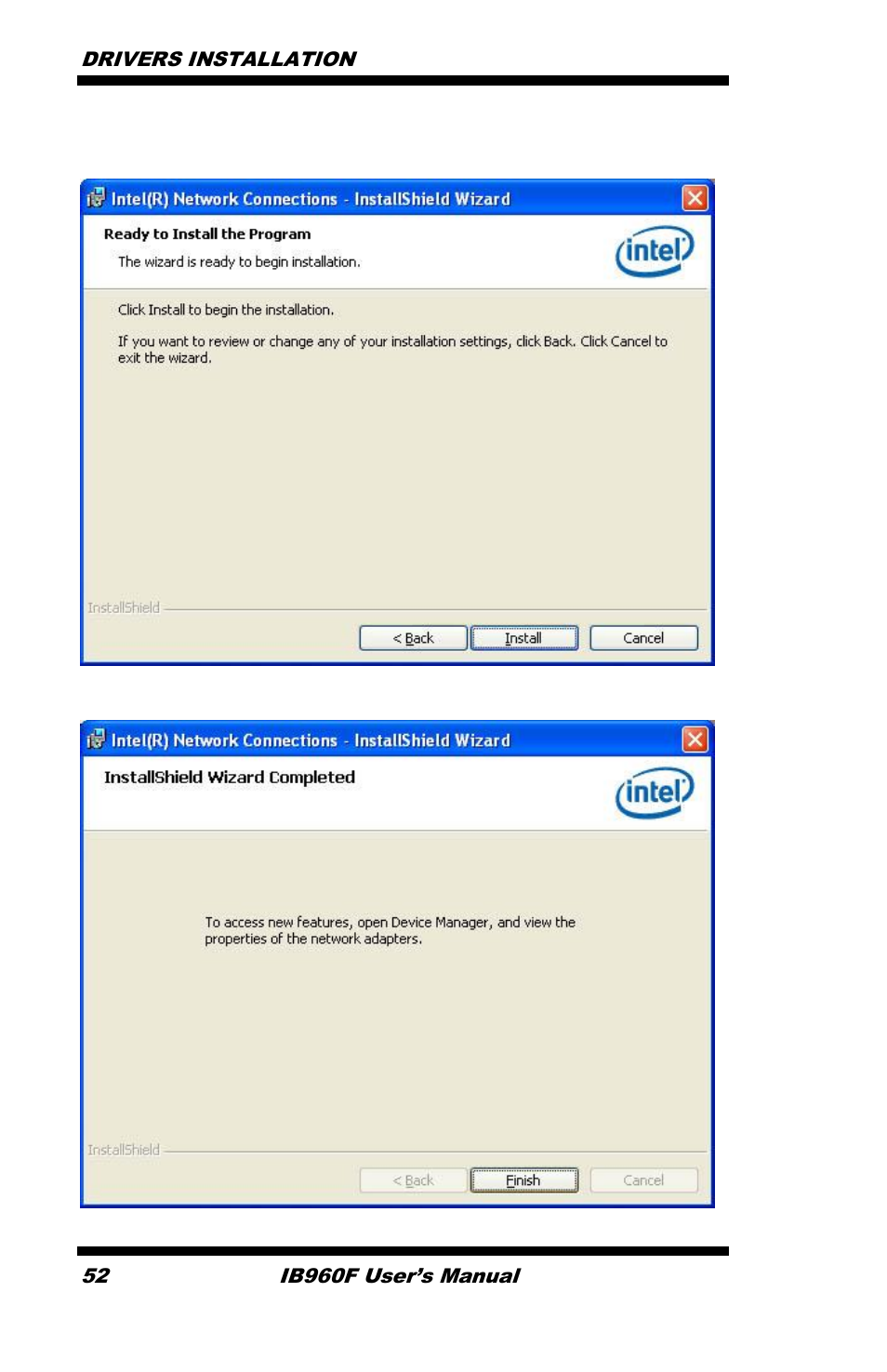 Drivers installation 52, Ib960f user’s manual | IBASE IB960 User Manual | Page 56 / 64
