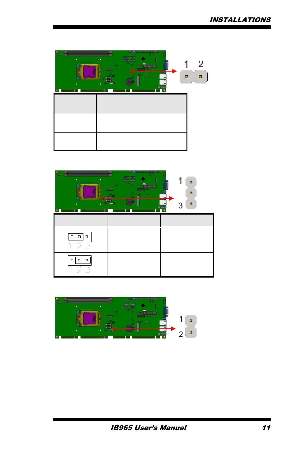 Jp7 flash descriptor security override open, Disabled (default) close, Enabled jp10: lvds panel power selection | Jp10 setting panel voltage, Pin 1-2 short/closed, 3v (default), Pin 2-3 short/closed | IBASE IB965 User Manual | Page 15 / 80