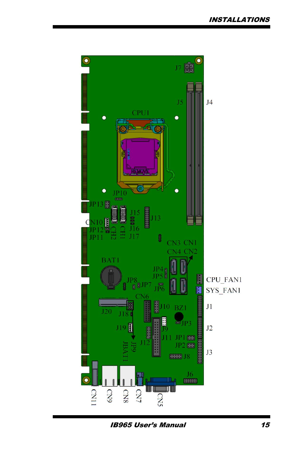 Connector locations on ib965f, Installations | IBASE IB965 User Manual | Page 19 / 80