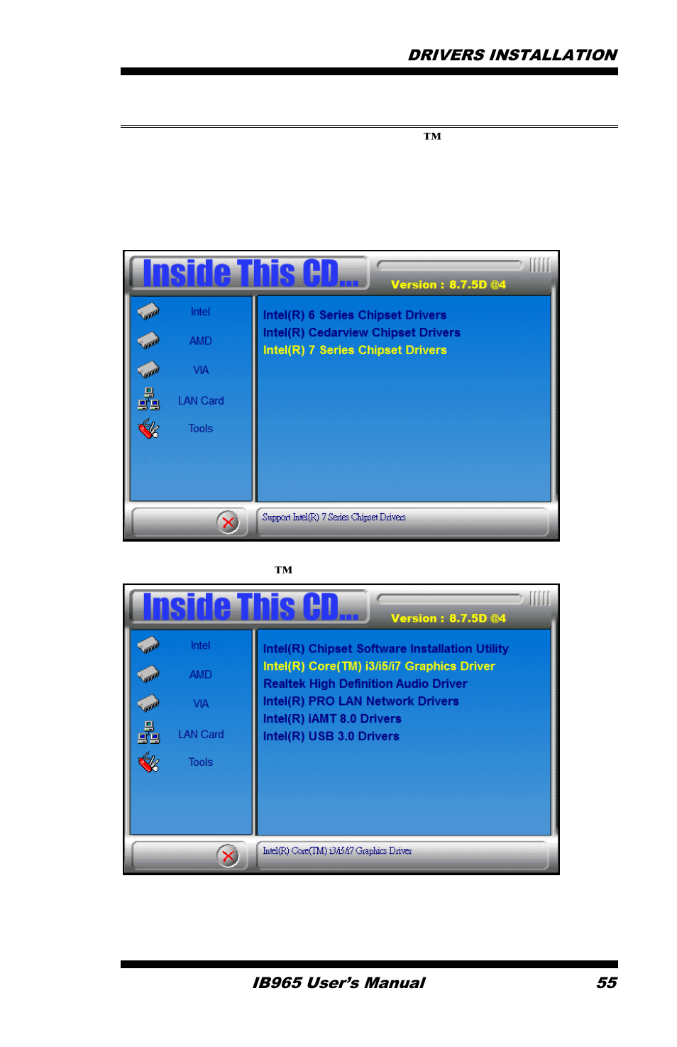 Vga drivers installation, Click intel(r) core™ i3/i5/i7 graphics driver | IBASE IB965 User Manual | Page 59 / 80