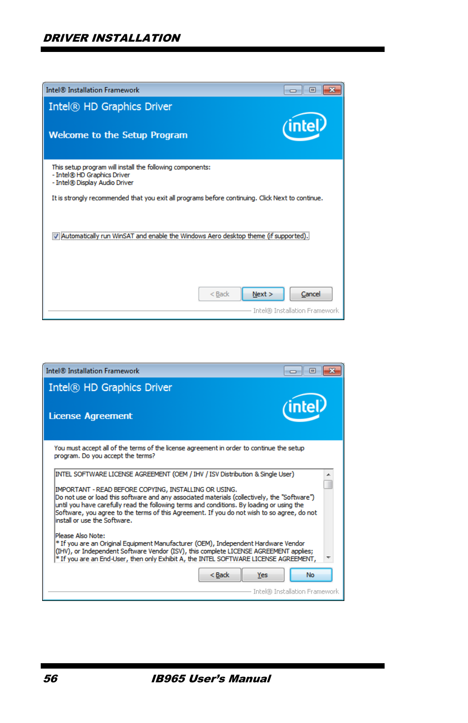Driver installation 56, Ib965 user’s manual | IBASE IB965 User Manual | Page 60 / 80