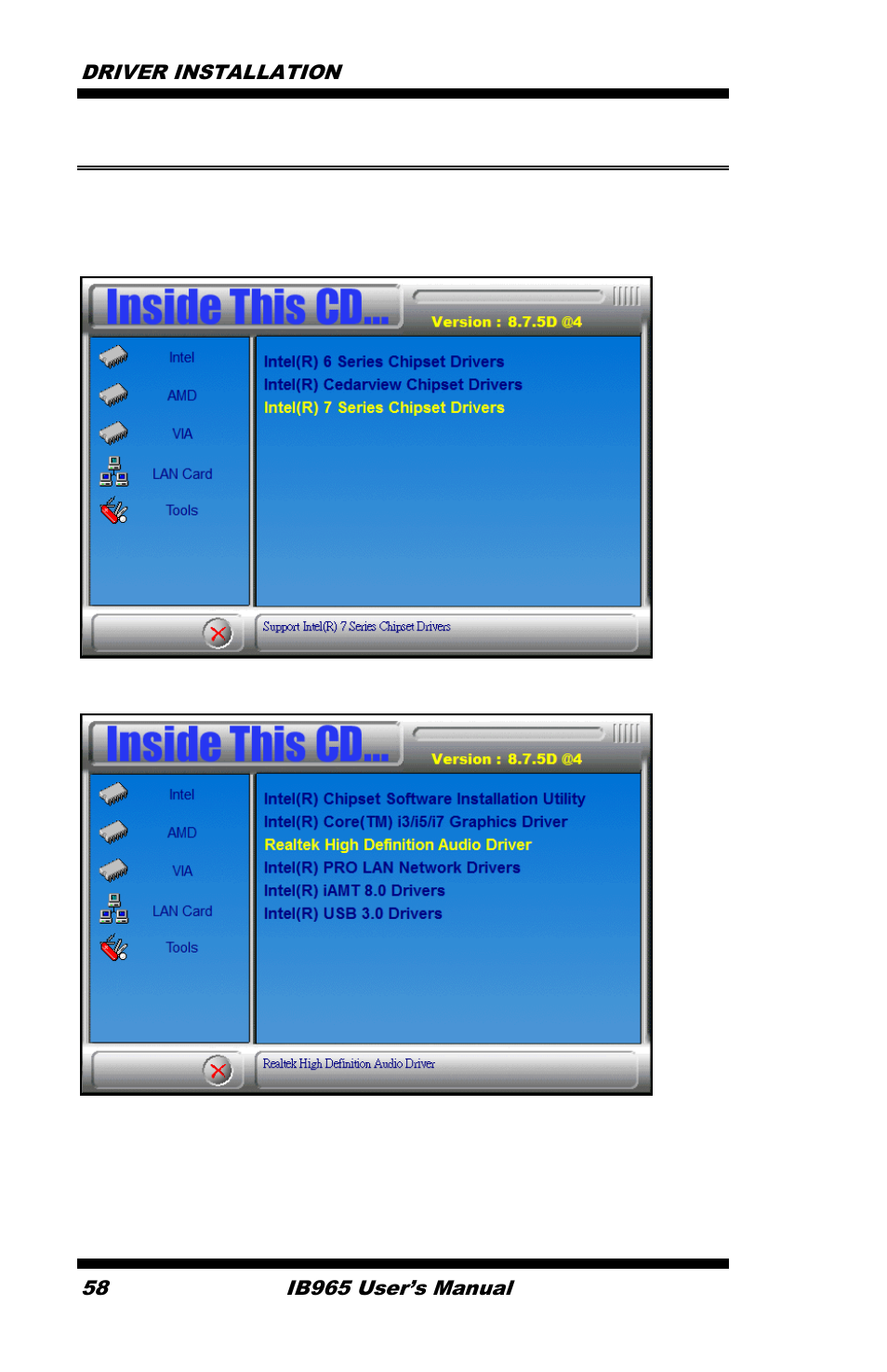 Realtek hd audio driver installation, Click realtek high definition audio driver | IBASE IB965 User Manual | Page 62 / 80