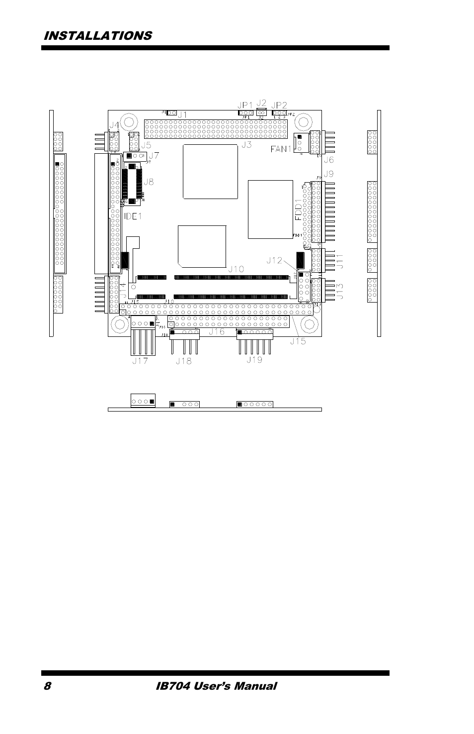 Installations, Jumper and connector locations on ib704 | IBASE IB704 User Manual | Page 12 / 51