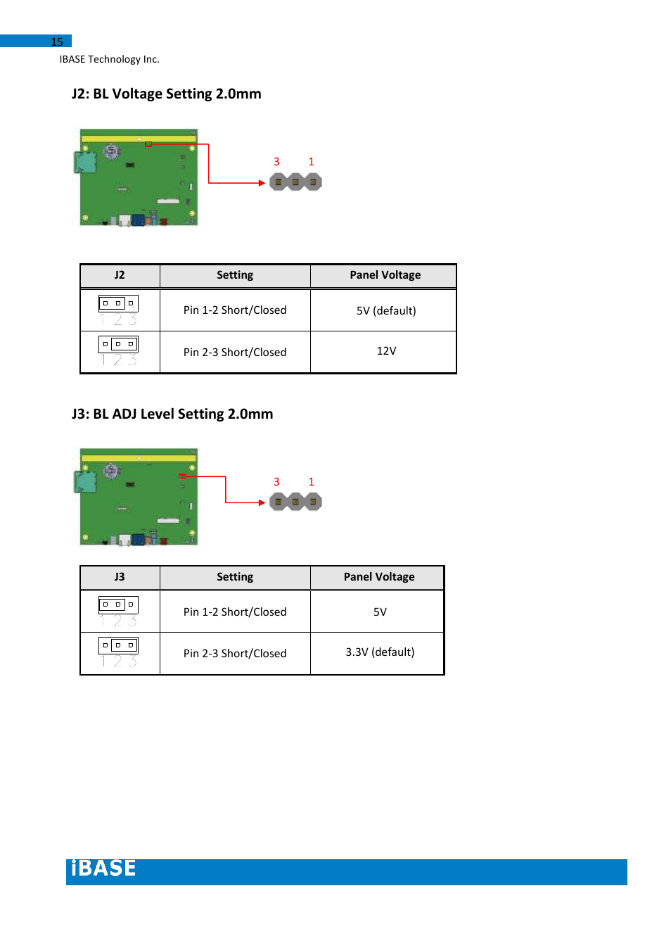 J2: bl voltage setting 2.0mm, J3: bl adj level setting 2.0mm | IBASE IB102 User Manual | Page 15 / 67