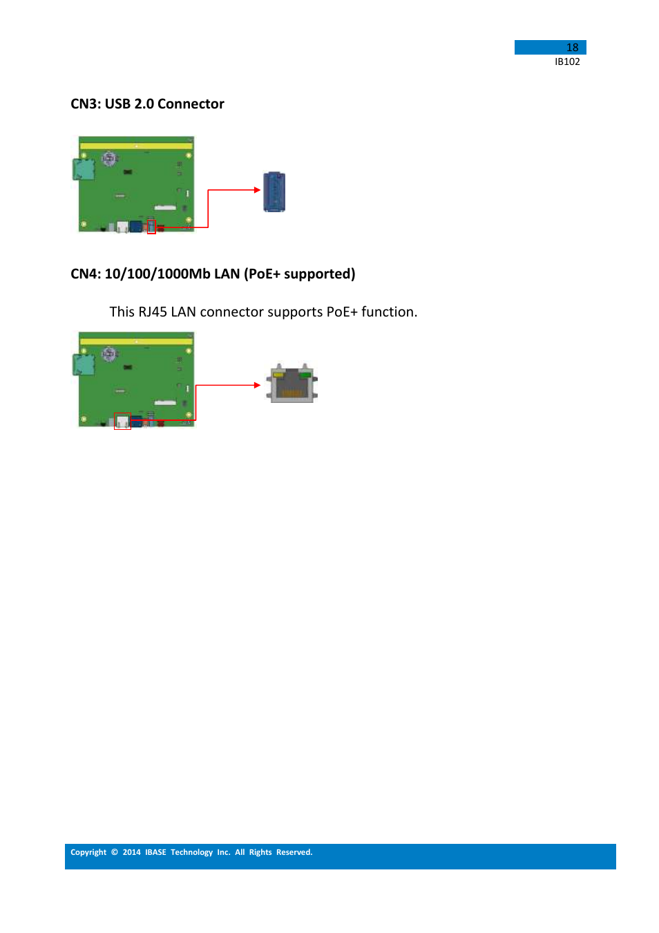 Cn3: usb 2.0 connector, This rj45 lan connector supports poe+ function | IBASE IB102 User Manual | Page 18 / 67