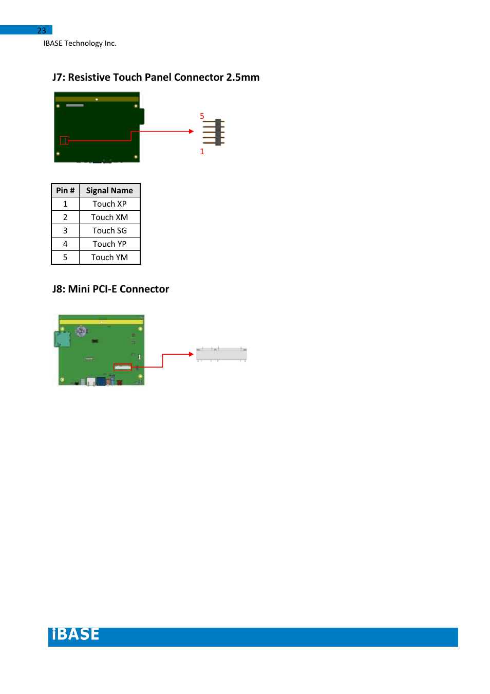 J7: resistive touch panel connector 2.5mm, J8: mini pci-e connector | IBASE IB102 User Manual | Page 23 / 67