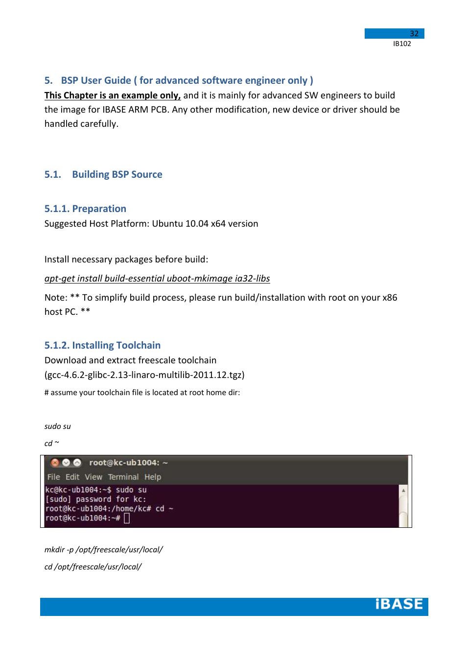 Preparation, Installing toolchain, Building bsp source 5.1.1. preparation | IBASE IB102 User Manual | Page 32 / 67