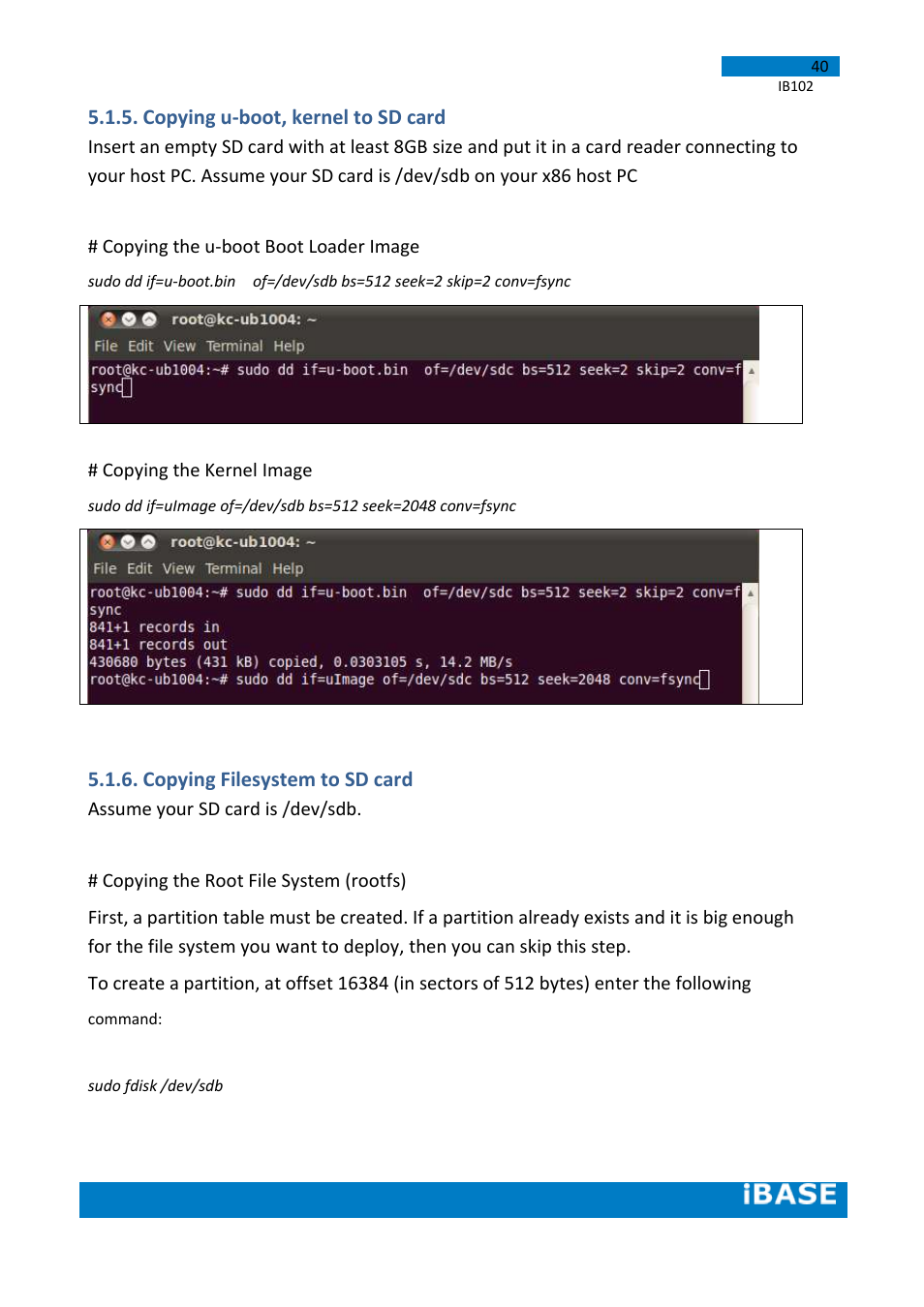 Copying u-boot, kernel to sd card, Copying filesystem to sd card | IBASE IB102 User Manual | Page 40 / 67