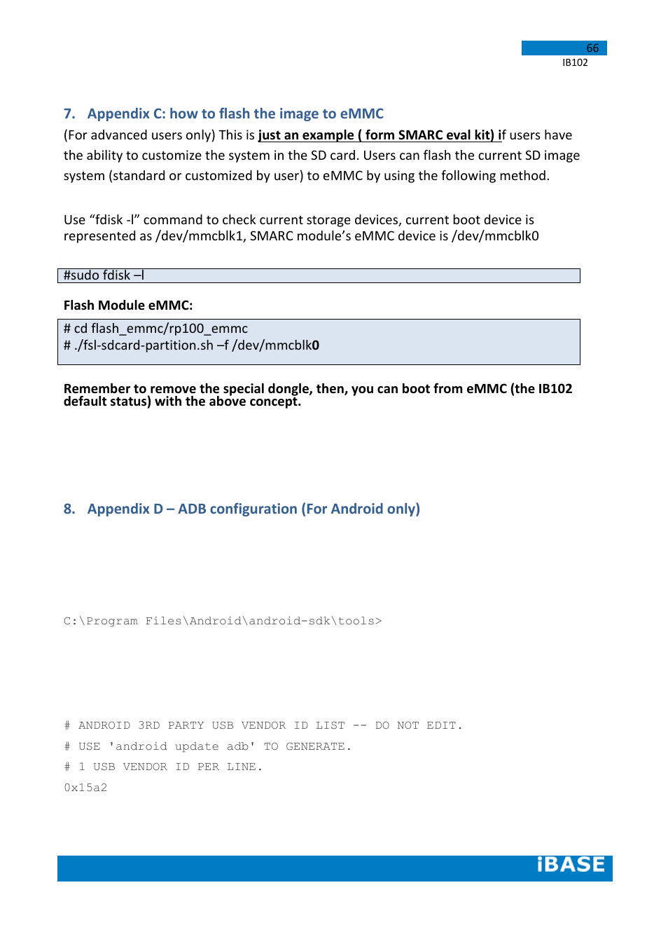 Appendix c: how to flash the image to emmc, Appendix d – adb configuration (for android only) | IBASE IB102 User Manual | Page 66 / 67