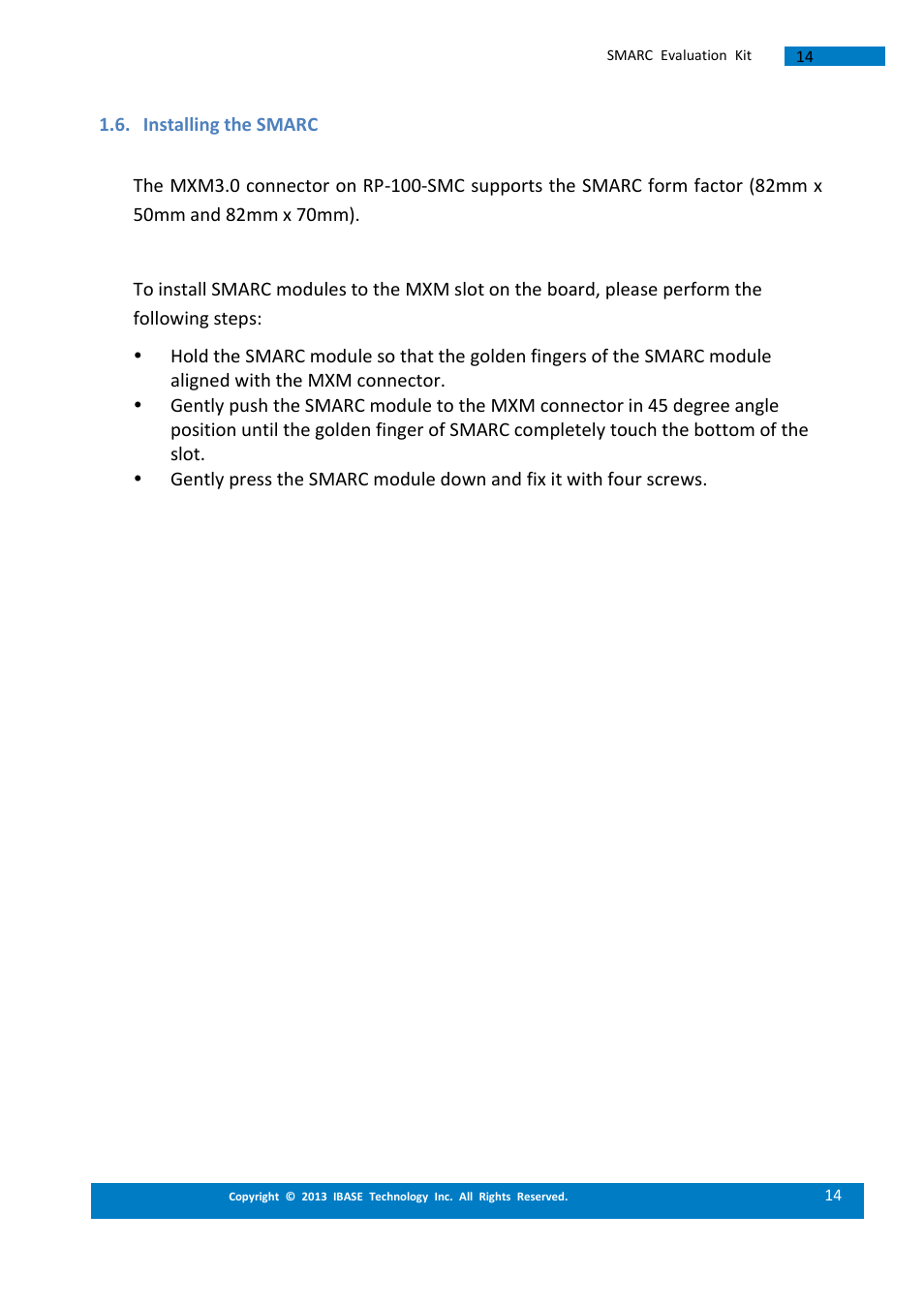 Installing the smarc | IBASE SMARC Evaluation Kit User Manual | Page 14 / 93