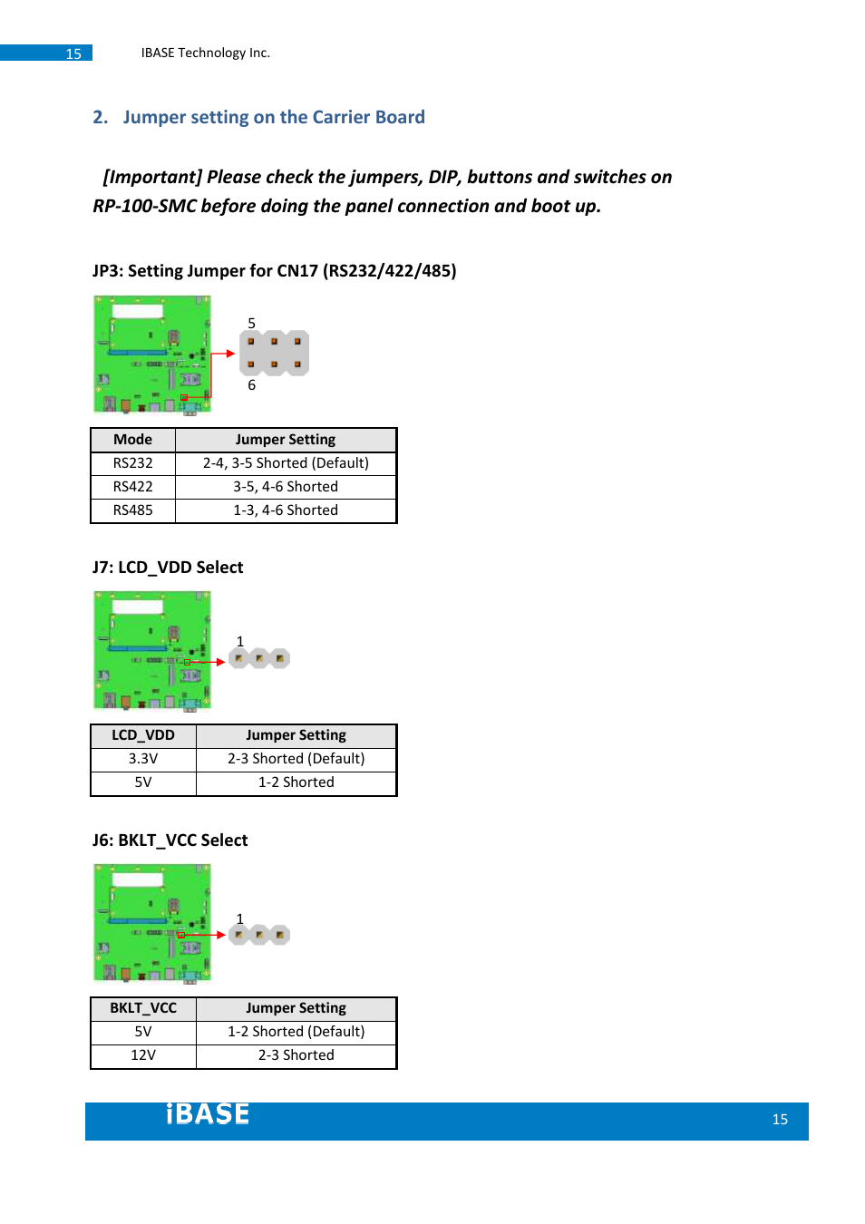 Jumper setting on the carrier board | IBASE SMARC Evaluation Kit User Manual | Page 15 / 93