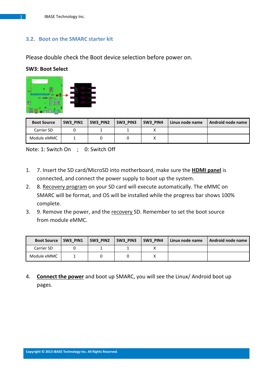 Boot on the smarc starter kit, Sw3: boot select | IBASE SMARC Evaluation Kit User Manual | Page 27 / 93