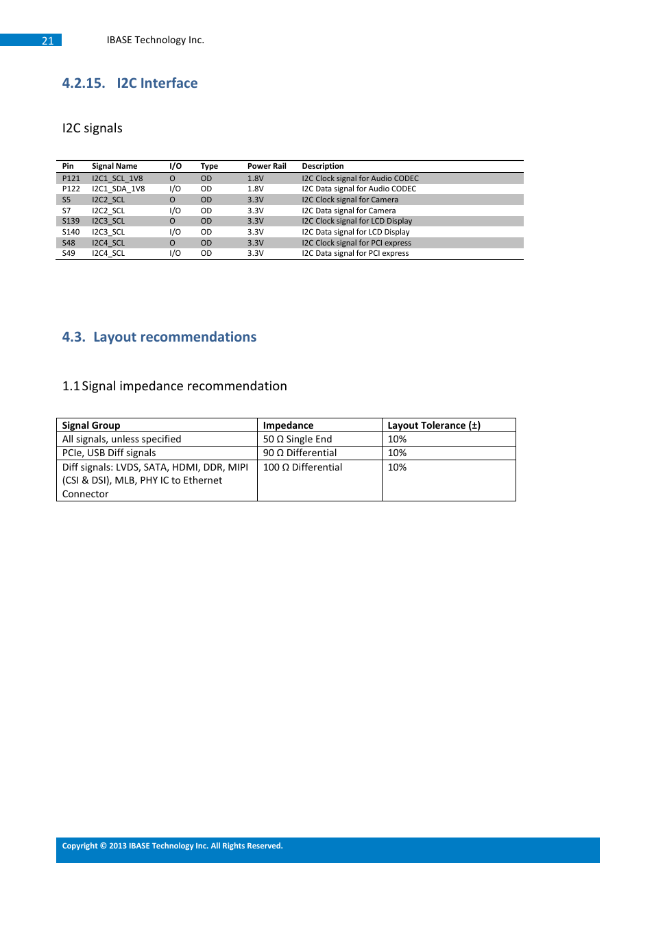 Layout recommendations, I2c interface, I2c signals | 1 signal impedance recommendation | IBASE SMARC Evaluation Kit User Manual | Page 47 / 93