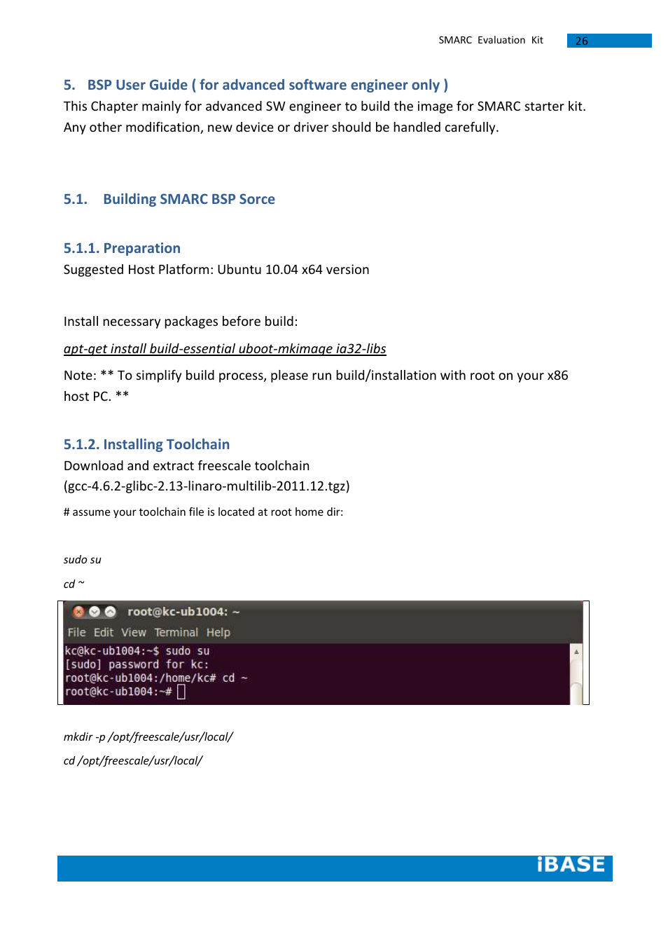 Building smarc bsp sorce, Preparation, Installing toolchain | Building smarc bsp sorce 5.1.1. preparation | IBASE SMARC Evaluation Kit User Manual | Page 52 / 93
