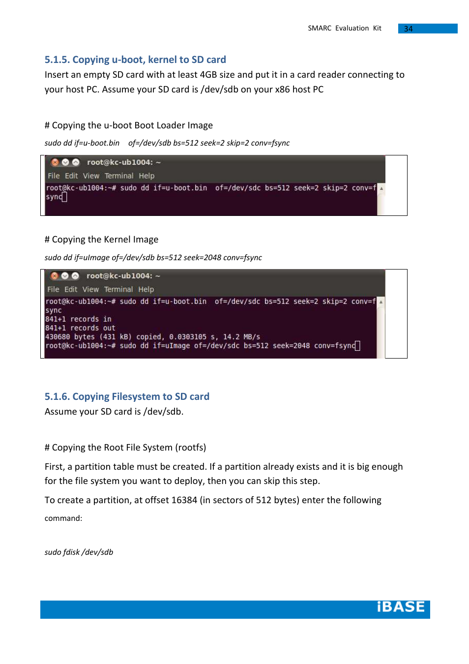 Copying u-boot, kernel to sd card, Copying filesystem to sd card | IBASE SMARC Evaluation Kit User Manual | Page 60 / 93