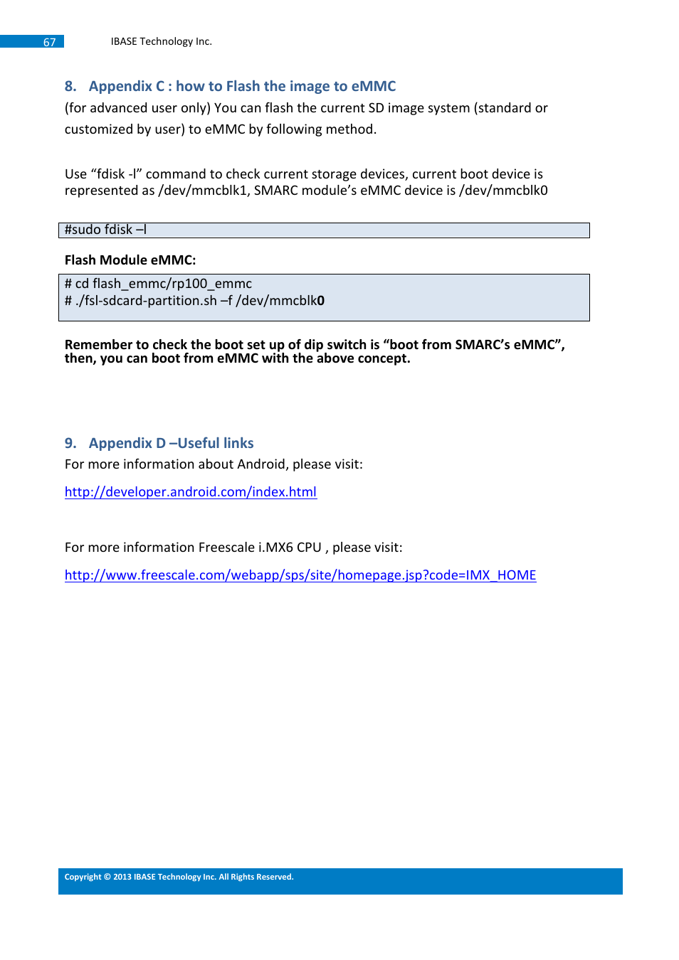 Appendix c : how to flash the image to emmc, Appendix d –useful links | IBASE SMARC Evaluation Kit User Manual | Page 93 / 93