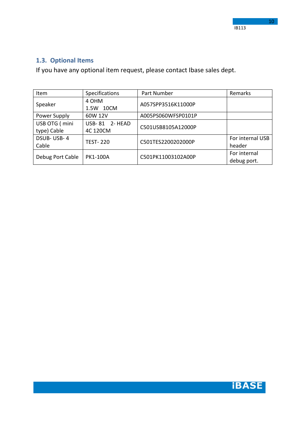Optional items | IBASE IB113 User Manual | Page 10 / 63