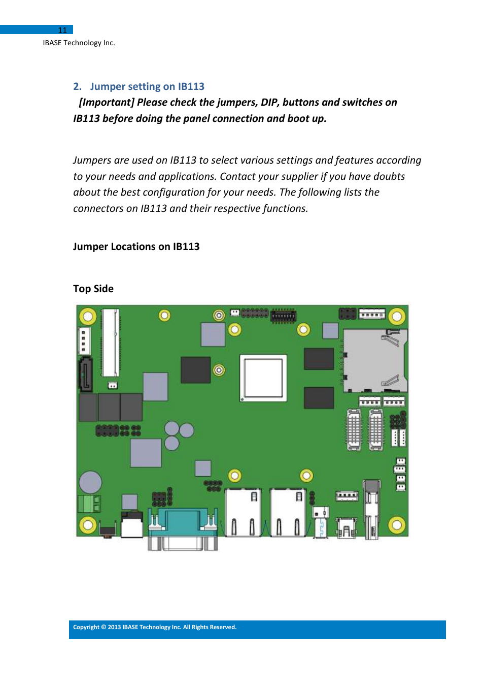 Jumper setting on ib113, Jumper locations on ib113 top side | IBASE IB113 User Manual | Page 11 / 63