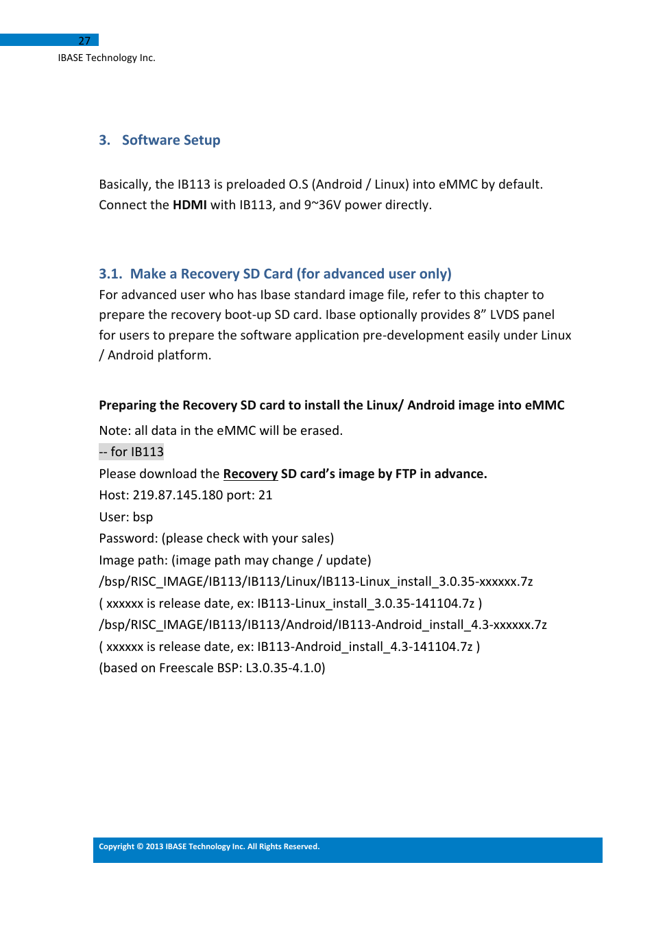 Software setup, Make a recovery sd card (for advanced user only) | IBASE IB113 User Manual | Page 27 / 63