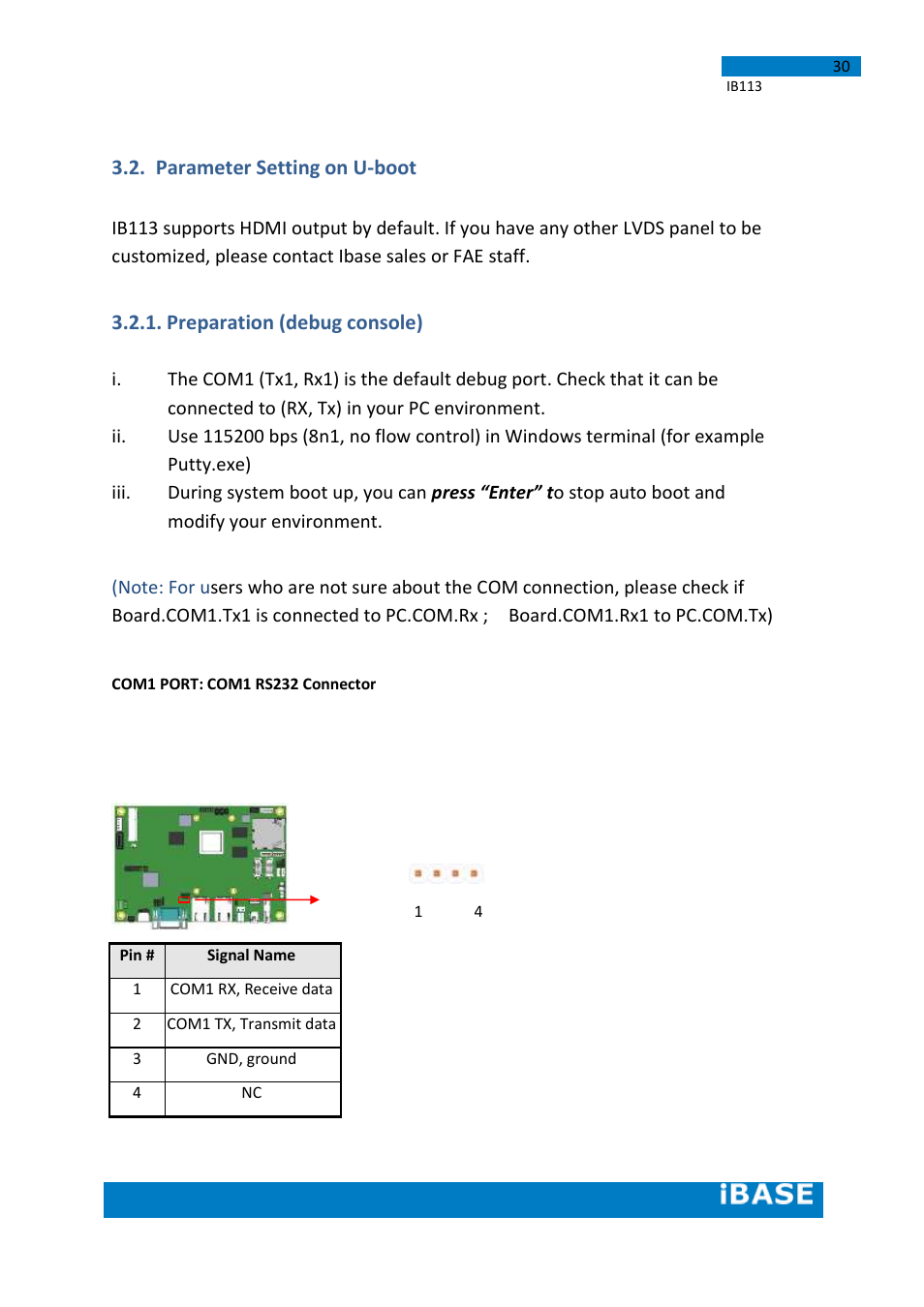 Parameter setting on u-boot 3.2.1, Preparation (debug console), Parameter setting on u-boot | IBASE IB113 User Manual | Page 30 / 63