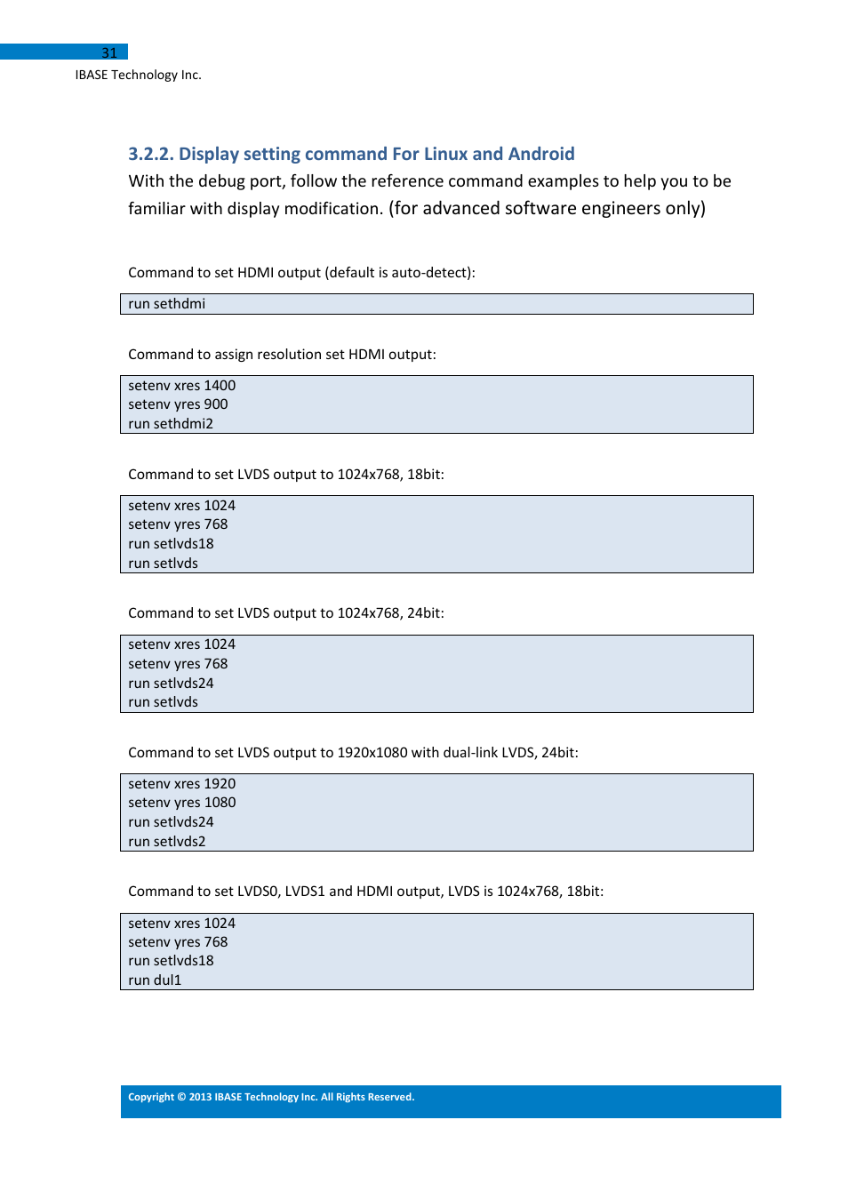 Display setting command for linux and android, For advanced software engineers only) | IBASE IB113 User Manual | Page 31 / 63