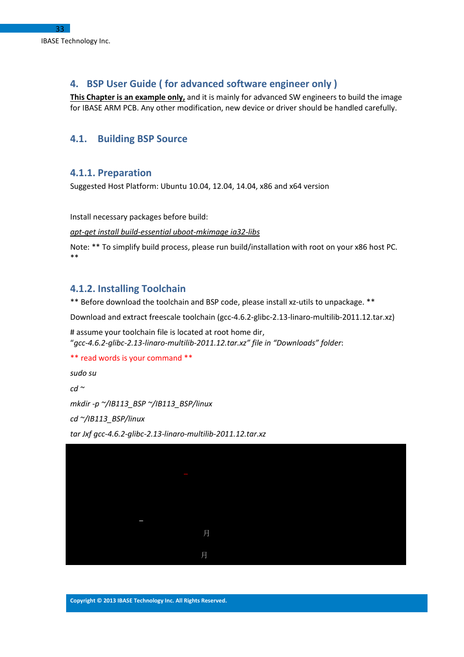Preparation, Installing toolchain, Building bsp source 4.1.1. preparation | IBASE IB113 User Manual | Page 33 / 63