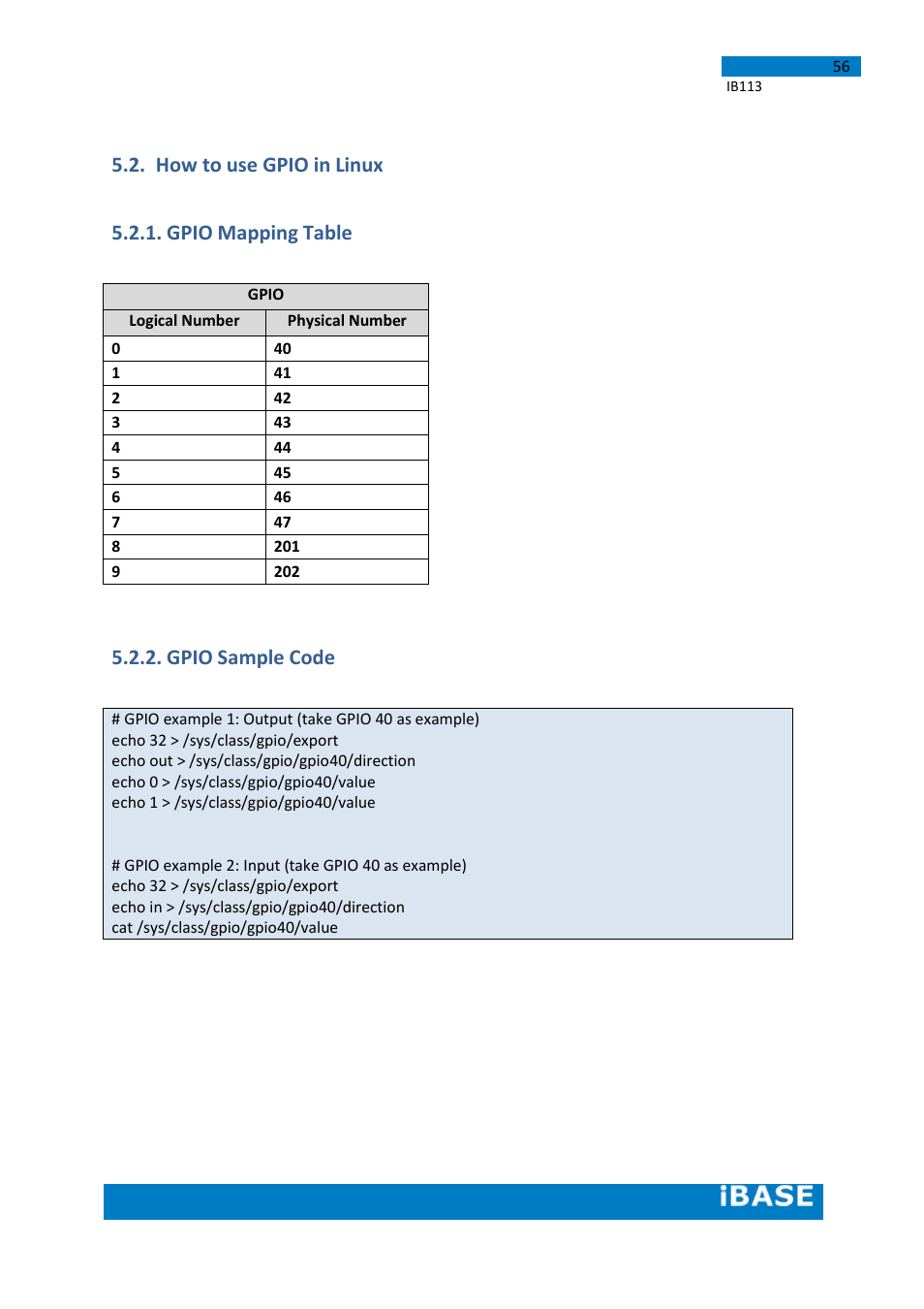 How to use gpio in linux 5.2.1, Gpio mapping table, Gpio sample code | How to use gpio in linux 5.2.1. gpio mapping table | IBASE IB113 User Manual | Page 56 / 63