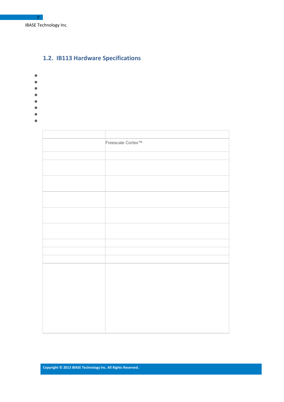 Ib113 hardware specifications | IBASE IB113 User Manual | Page 7 / 63