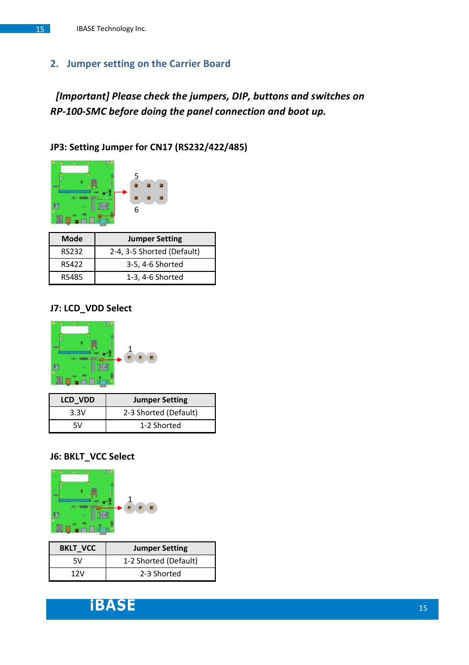 Jumper setting on the carrier board | IBASE SMARC-EVK1 User Manual | Page 15 / 92