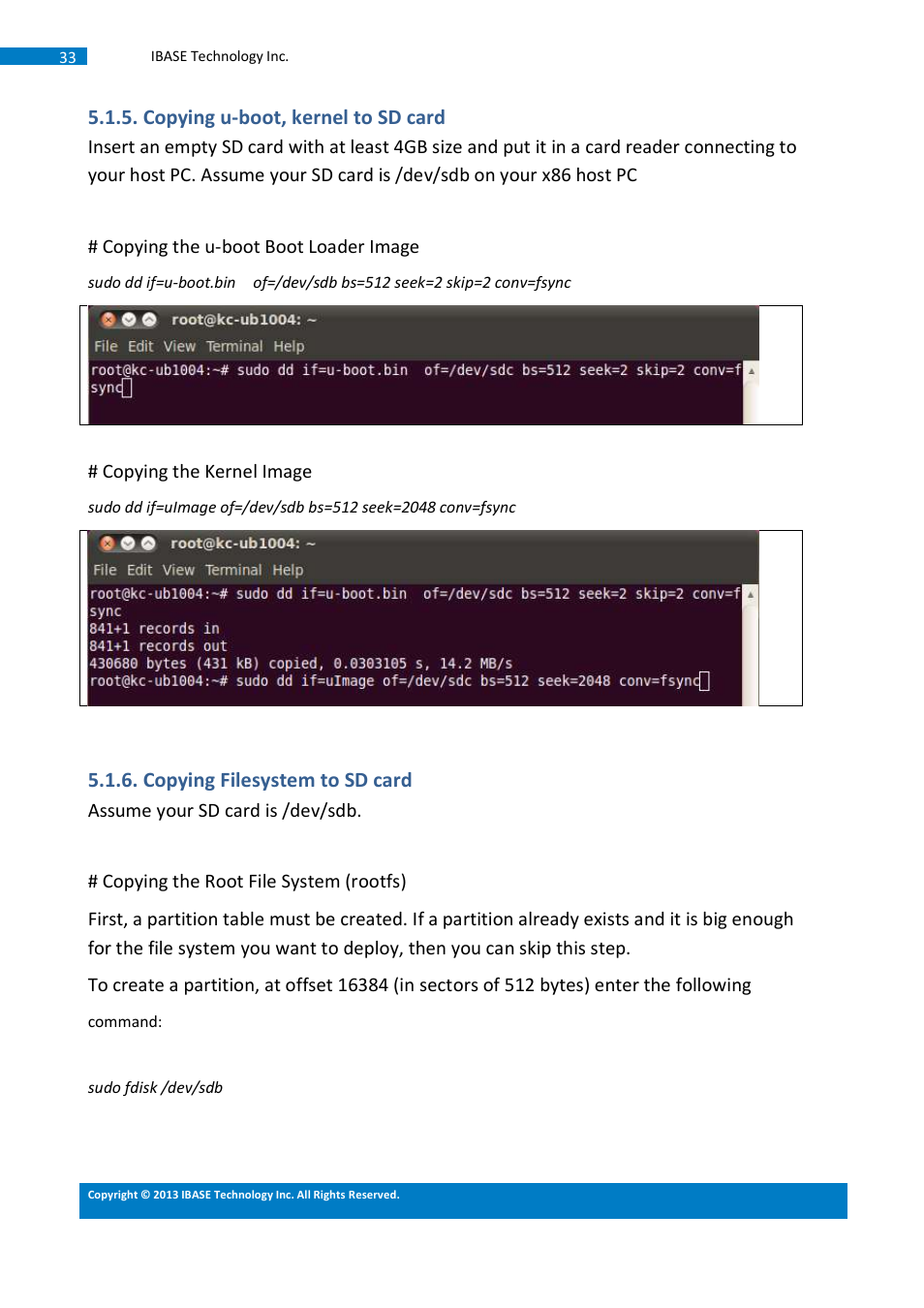 Copying u-boot, kernel to sd card, Copying filesystem to sd card | IBASE SMARC-EVK1 User Manual | Page 59 / 92