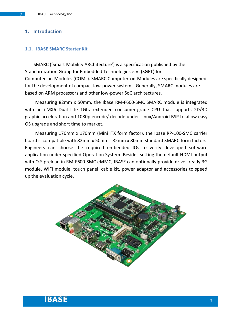 Introduction, Ibase smarc starter kit | IBASE SMARC-EVK1 User Manual | Page 7 / 92