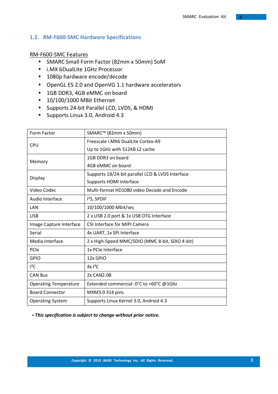 Rm-f600-smc hardware specifications | IBASE SMARC-EVK1 User Manual | Page 8 / 92