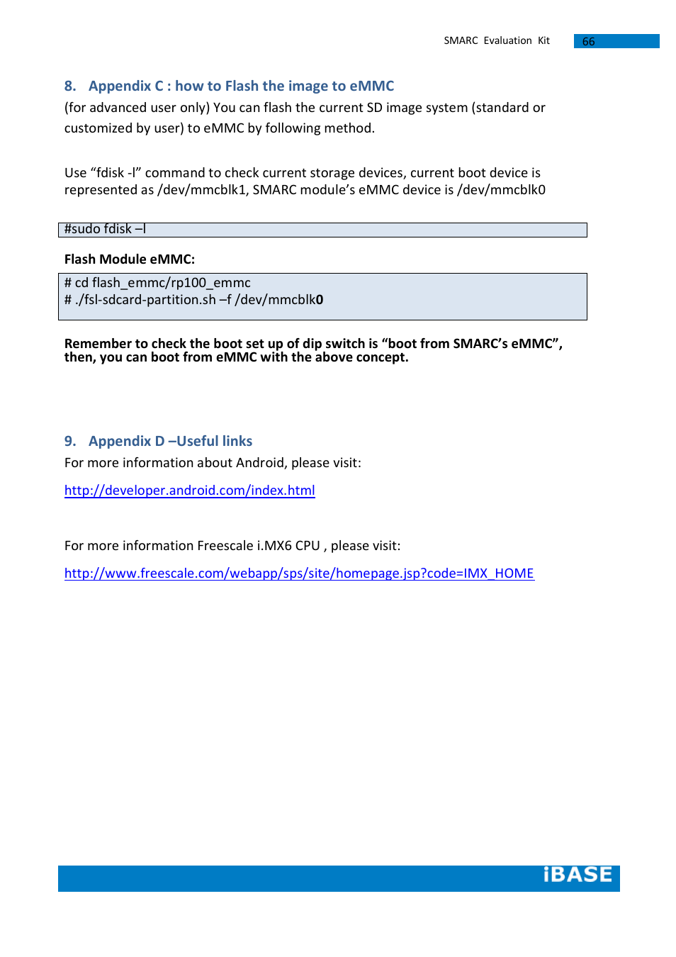 Appendix c : how to flash the image to emmc, Appendix d –useful links | IBASE SMARC-EVK1 User Manual | Page 92 / 92