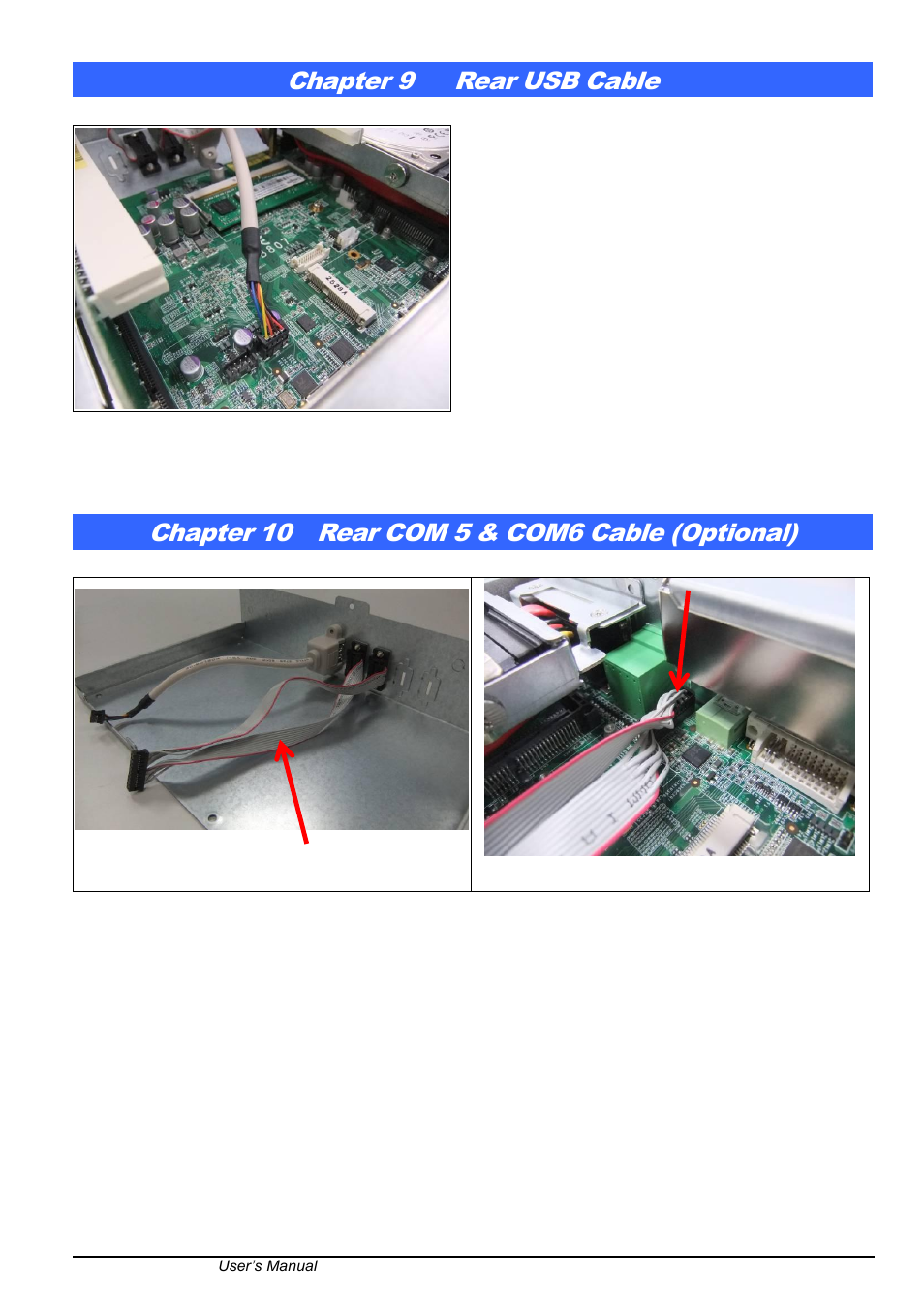 Chapter 9, Rear usb cable, Chapter 10 | Rear com 5 & com6 cable (optional), Chapter 9 rear usb cable, Chapter 10 rear com 5 & com6 cable (optional) | IBASE AMS100-807 User Manual | Page 10 / 12