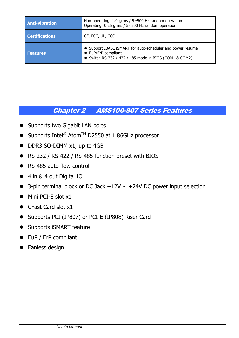 Chapter 2, Ams100-807 series features | IBASE AMS100-807 User Manual | Page 5 / 12