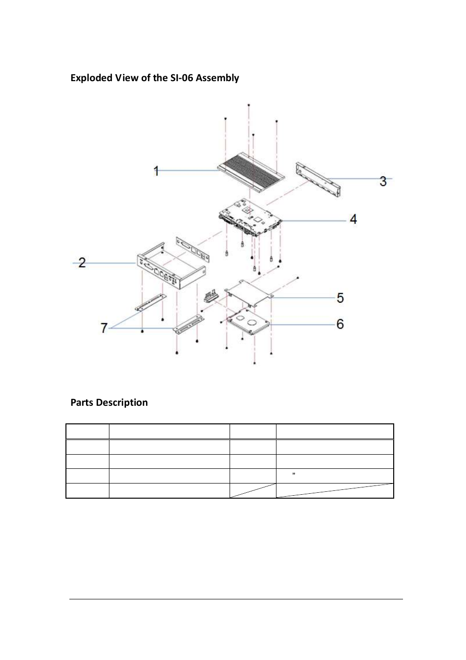 Exploded view of the si-06 assembly, Parts description, Installation | IBASE SI-06 User Manual | Page 14 / 44