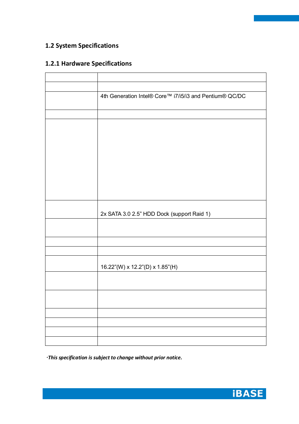 2 system specifications, 1 hardware specifications | IBASE SI-60E User Manual | Page 10 / 103